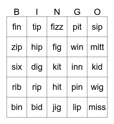 Short i Words Bingo Card