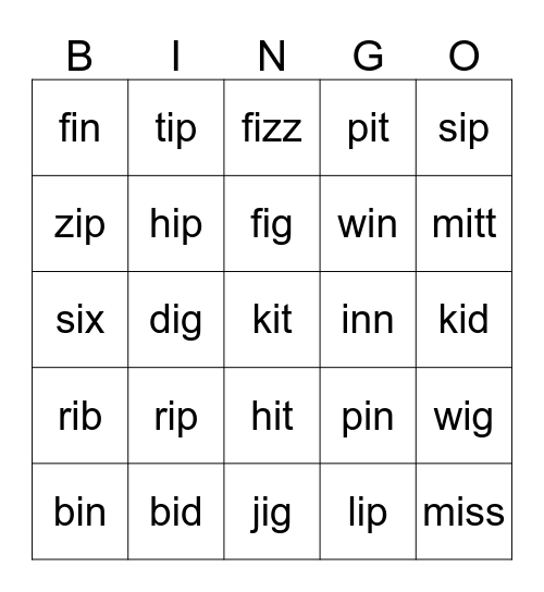 Short i Words Bingo Card