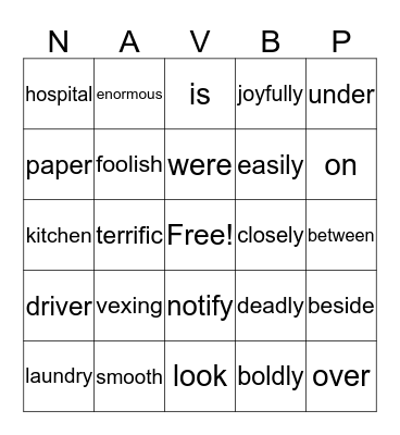 Parts of Speech Bingo Card