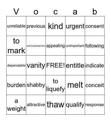 Vocabulary #3 Bingo Card