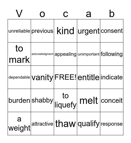 Vocabulary #3 Bingo Card