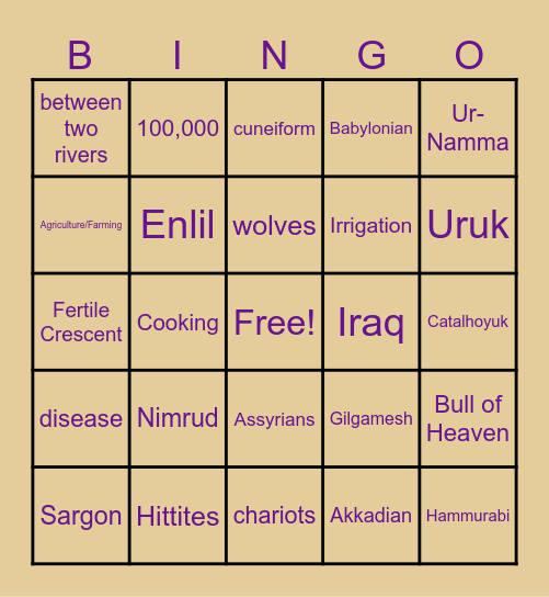Mesopotamian Bingo Card