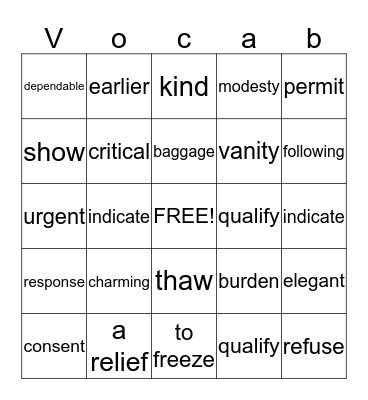 Vocabulary #3 Bingo Card