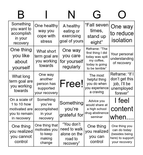 Recovery Bingo Card