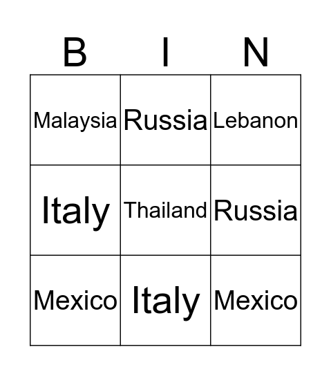 Nationalities Bingo Card