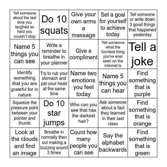 Mental Health Week Bingo Card