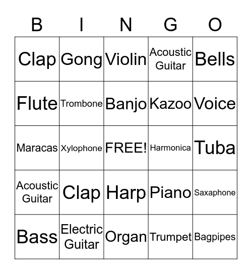 Instrument Sounds Bingo Card