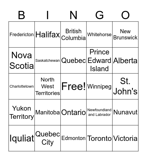 Canadian Provinces, Territories, and Capital Cities Bingo Card