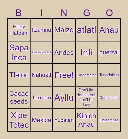 Mesoamerica Bingo Card