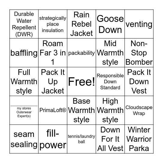 OUTERWEAR BINGO Card