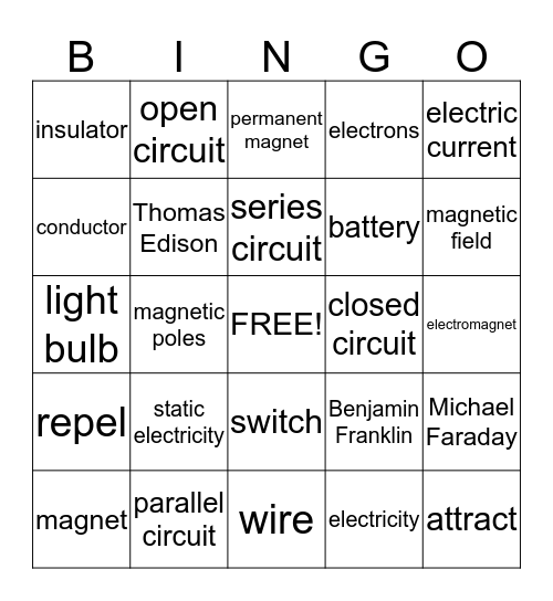 Magnetism & Electricity Bingo Card