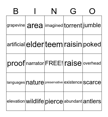 Vocabulary Bingo/How to Raise a Raisin & Pushing Up the Sky Bingo Card