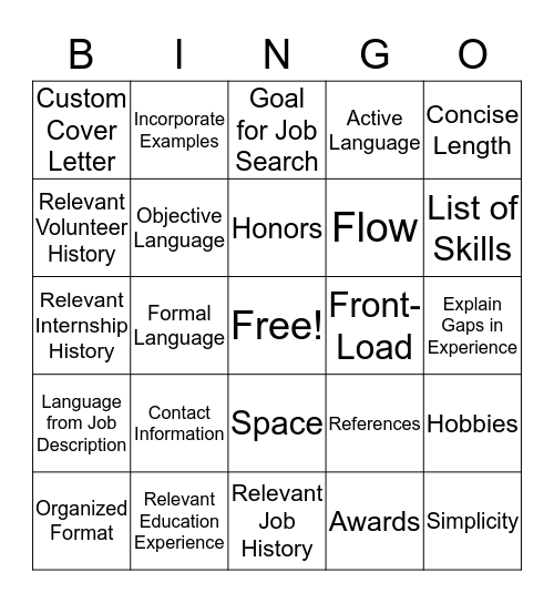 Resume Bingo Card