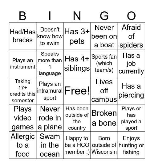 Health Care Organization - UWSP Bingo Card