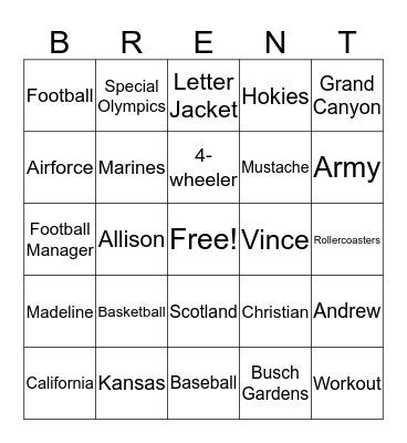 Brent's 40th!! Bingo Card