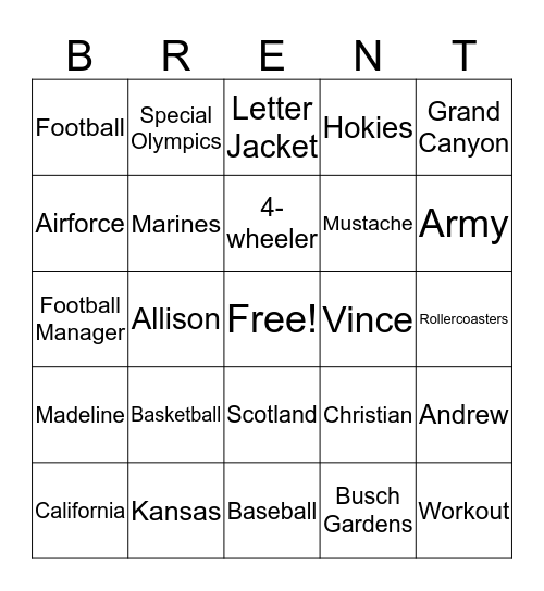 Brent's 40th!! Bingo Card