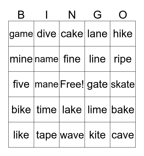 Long a and i Bingo Card