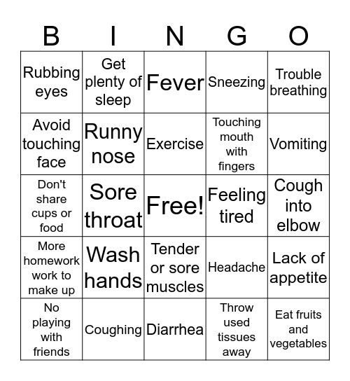 Common Cold Bingo Card