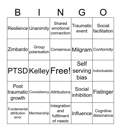 Social Psychology Bingo Card