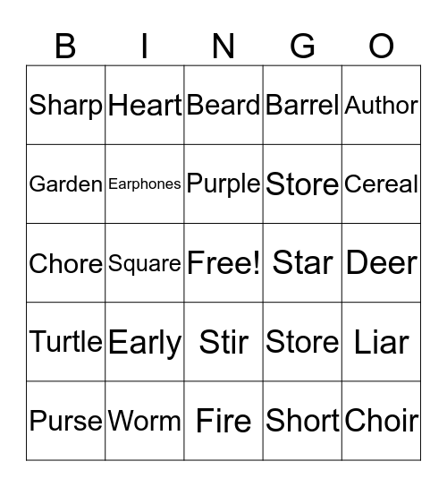 Vocalic /R/ Bingo Card
