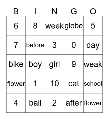 English Bingo Card
