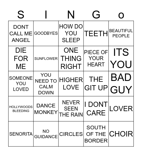 425 TOP 25 HITS AUSTRALIA SEPT 2019 Bingo Card