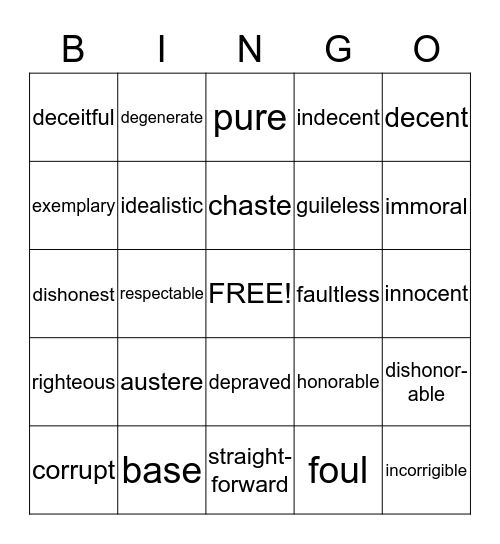 Moral Qualities Bingo Card