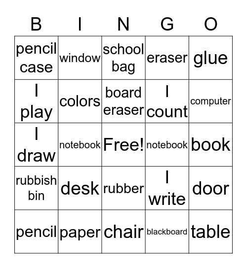 Classroom Objects and Supplies Bingo Card