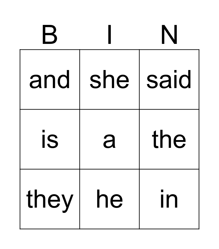 High frequency word Bingo Card