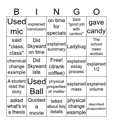 Mr. V's class BINGO Card
