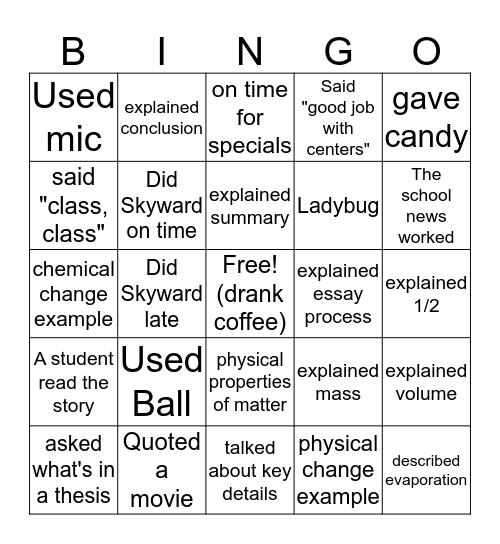 Mr. V's class BINGO Card