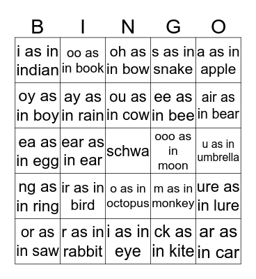 Sounds and Letters Bingo Card