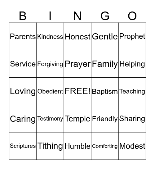 Learning to be like Jesus Bingo Card