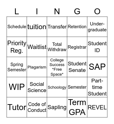 College LINGO Bingo Card