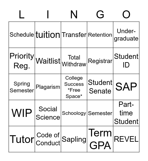 College LINGO Bingo Card