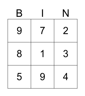 Animal Number Bingo Card