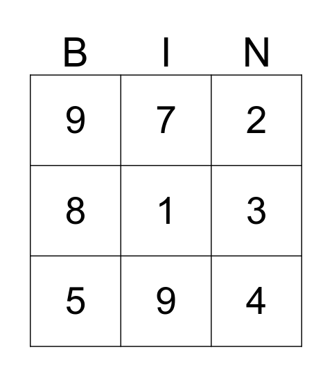 Animal Number Bingo Card