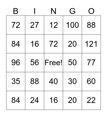 Multiplication Bingo Card