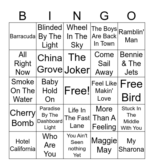70's Rock Anthems Bingo Card