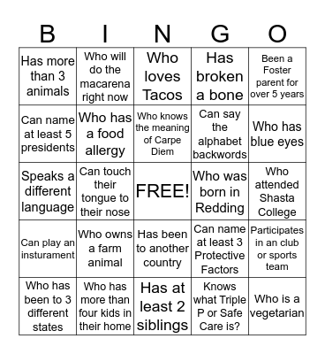 Totally Awesome Foster Parent Bingo Card