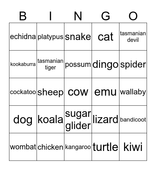 Australian Animals Bingo Card