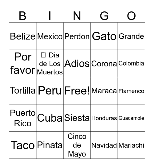 Hispanic Heritage Bingo Card