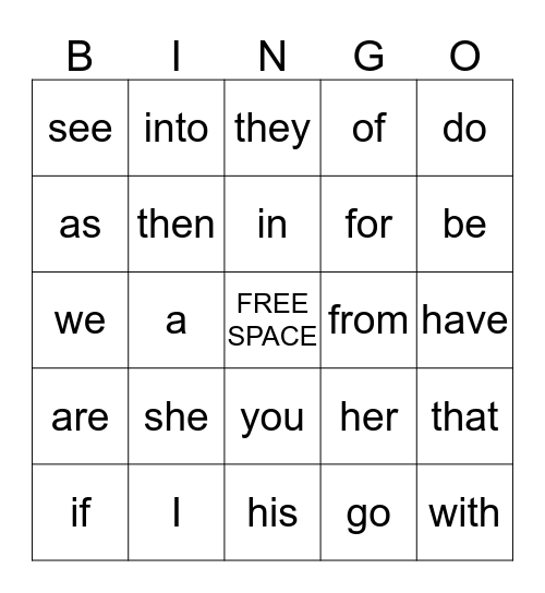 Sight Words Bingo Card