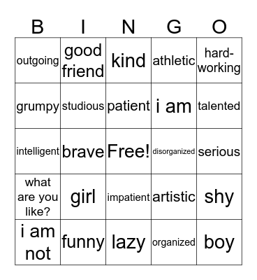 personality Bingo Card