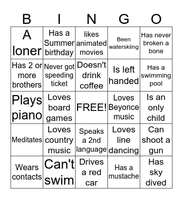 People Bingo:  Find 1 person for each square, no repeating! Bingo Card