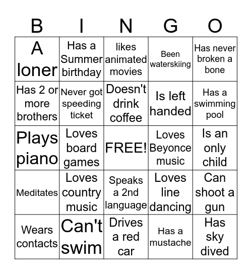 People Bingo:  Find 1 person for each square, no repeating! Bingo Card