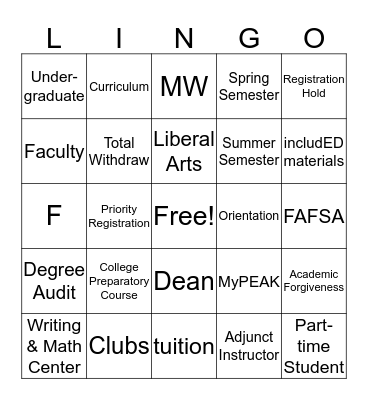 College LINGO Bingo Card