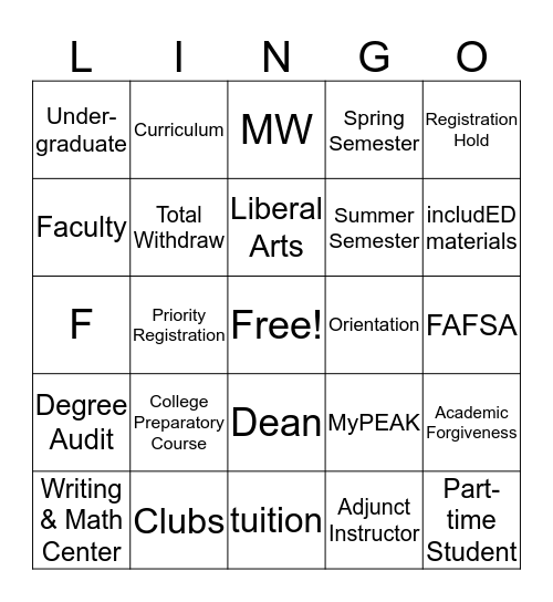 College LINGO Bingo Card