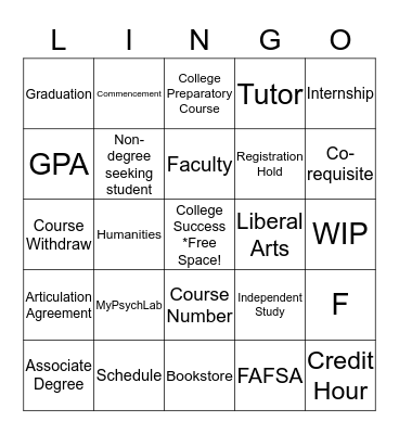 College LINGO Bingo Card
