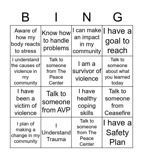 MightyFest Anti-Violence  Bingo Card